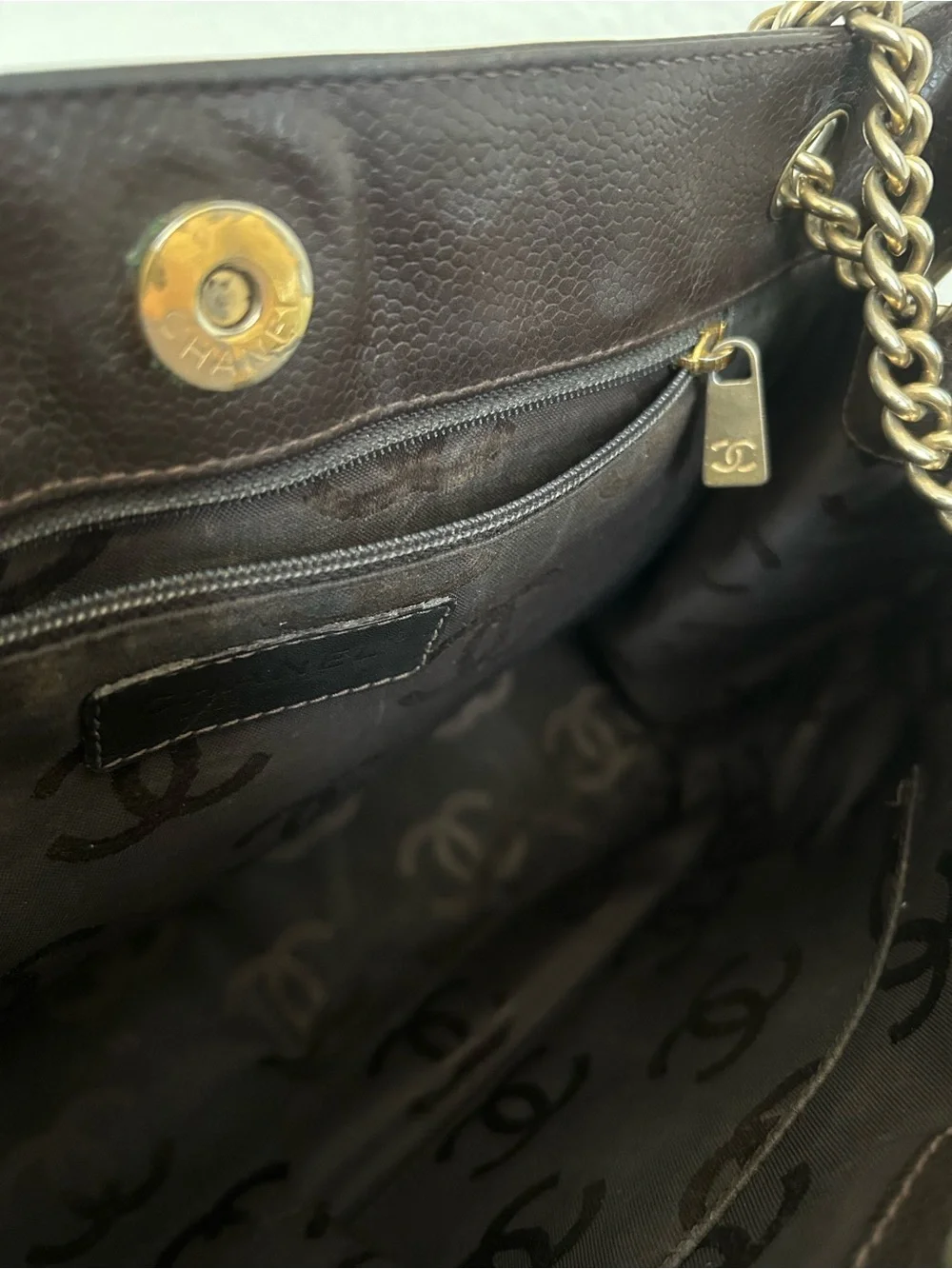 Chanel caviar leather quilted brown small tote handbag